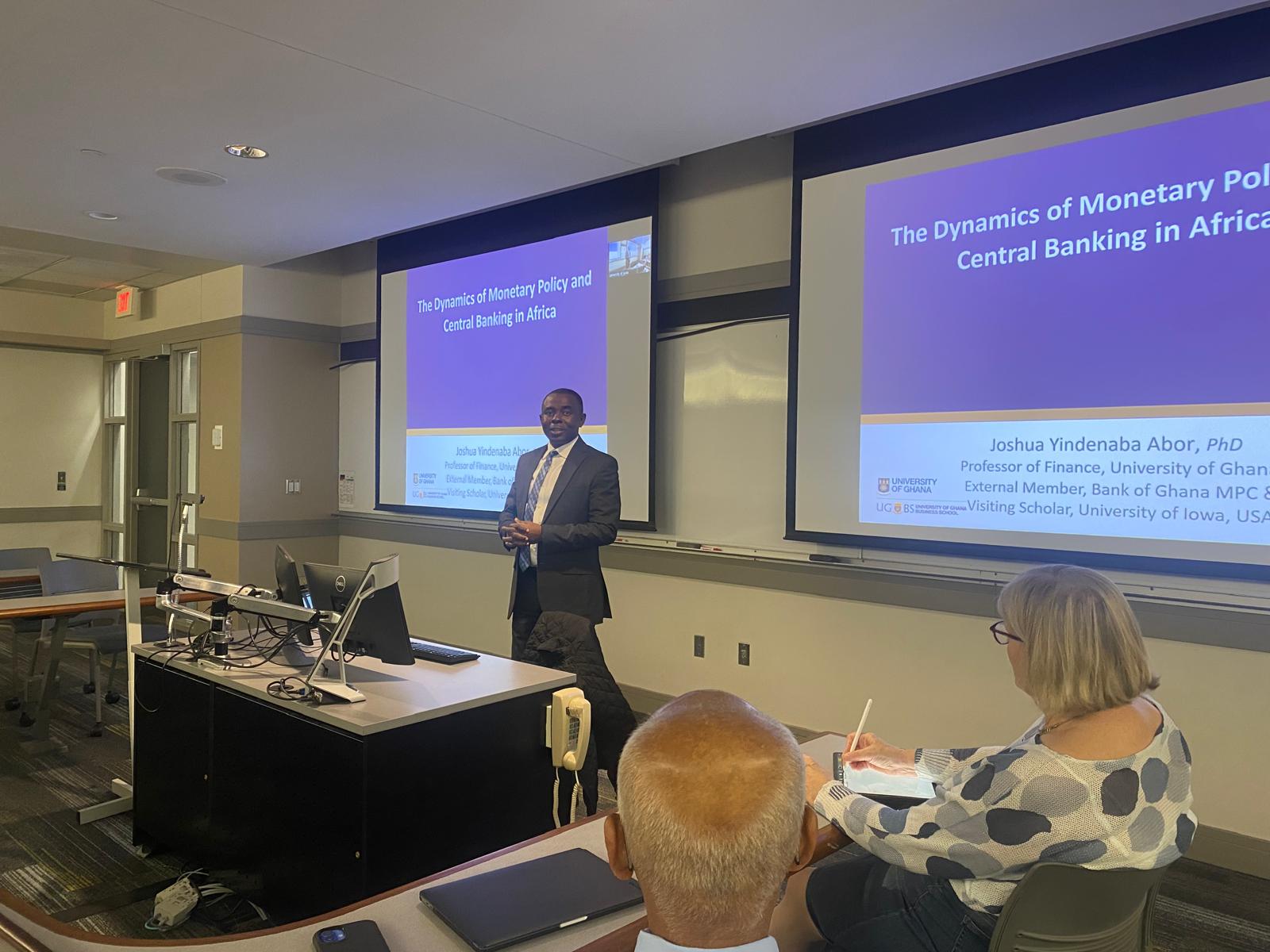 UGBS Professor of Finance, Joshua Y. Abor, Delivers a Lecture on the Dynamics of Monetary Policy and Central Banking in Africa at the University of Iowa, USA 